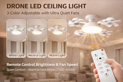 Image of Drone LED Ceiling Light with Fan | Foldable Blades | 3 Color Modes (Warm /Neutral /White) | Modern Ceiling Lamp for Bedroom, Living Room(with Remote)