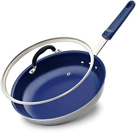 NutriChef 12" Fry Pan With Lid - Large Skillet Nonstick Frying Pan with Silicone Handle, Ceramic Coating, Blue Silicone Handle, Stain-Resistant, Easy To Clean, Professional Home Cookware