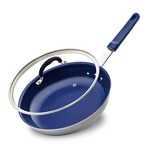 Nutrichef 12" Fry Pan With Lid - Large Skillet Nonstick Frying Pan With Silicone Handle, Ceramic Coating, Blue Silicone Handle, Stain-Resistant, Easy To Clean, Professional Home Cookware #TOP3