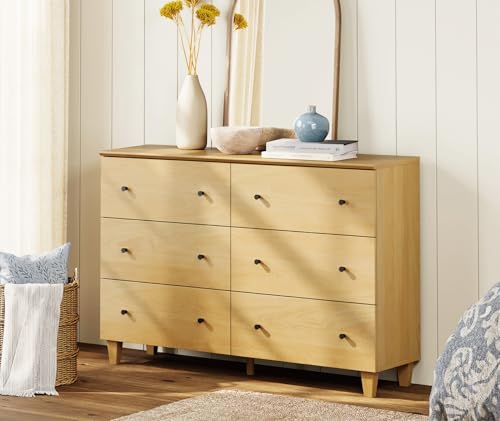 Image of WAMPAT Bedroom Dresser with 6 Drawers, Modern Chest of Drawers with Black Knobs, Wide Oak Wood Finish Storage Organizer for Kids Room, Living Room, Nursery, 47.2x15.5x32.4