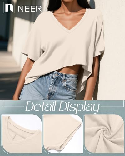 Neer 4 Pack Women's Oversized Crop T Shirts Summer V Neck Short Sleeve Tops Irregular Hem Baggy Top3