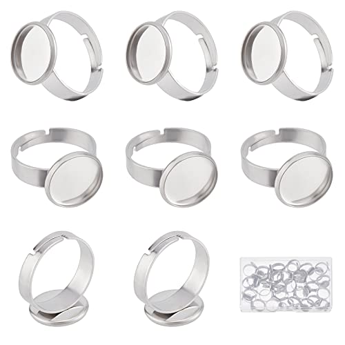 Beebeecraft 40Pcs/Box Stainless Steel Ring Bezel Blanks 12mm Cabochon Base Setting Flat Round Pad Ring Base Findings for Ring Making (Silver Color)