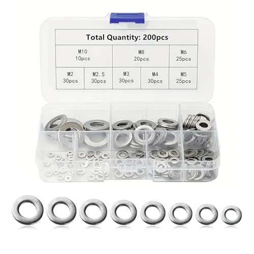 200pcs Arandelas Planas Acero Inoxidable,Surtido de Arandelas de Montaje,Ocho Tamaños M2、M2.5、M3、M4、M5、M6、M8、M10