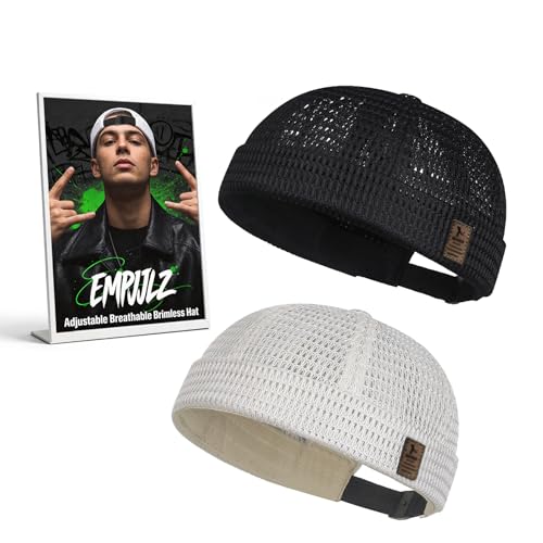 EMPJJLZ 2 Pack Brimless Hats for Men Women Adjustable Breathable Summer Caps Cooling Beanie Lightweight Mesh Skullcaps Hip-Hop (Black+White)