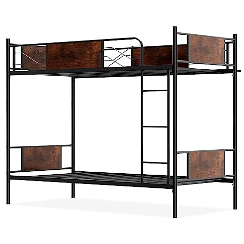 GIANTEX Estructura de Litera Metálica, Estructura de Cama Convertible 2-en-1 con Escalera y Barandillas de Seguridad, Marco de Cama Plataforma de Metal con Dispositivo Antivuelco, Negro