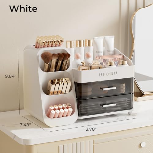 Image of UFORU Makeup Organizer for Vanity with Brush Holder, Large Capacity Bathroom Countertop Skincare Organizer with 2 Drawers, Cosmetic Display Case for Perfumes, Eyeshadow Palettes, Nail Polishes