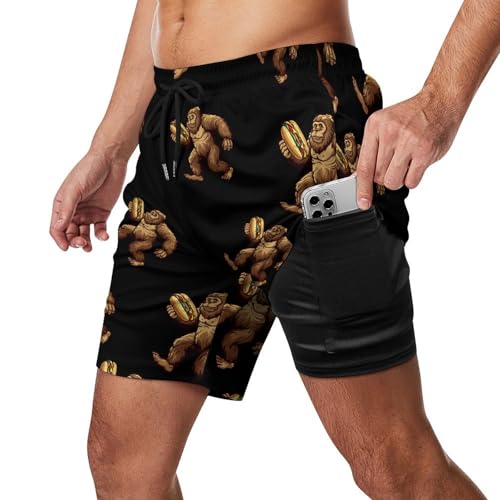 Sasquatch Bigfoot Carrying Hotdog Mens Swim Trunks with Compression Liner Quick Dry Board Beach Shorts2