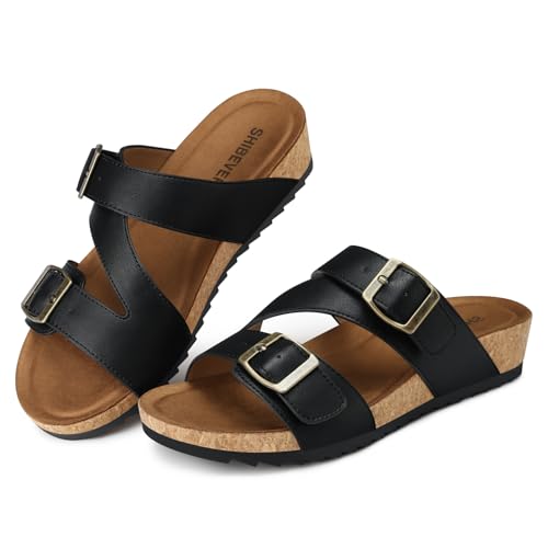 Image of SHIBEVER Comfortable Slides Sandals for Women: Wedge Adjustable Buckle Slip on Slide - Arch Support Open Toe Woman Sandal
