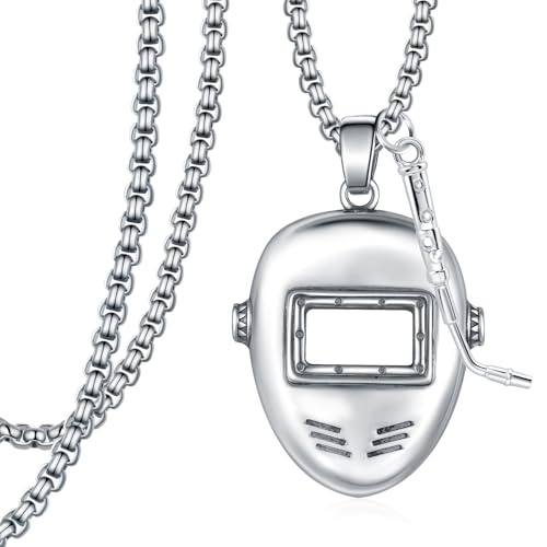 Welder Helmet Necklace 925 Sterling Silver Helmet Pendant Necklace Punk Style Jewelry Gift for Men Women
