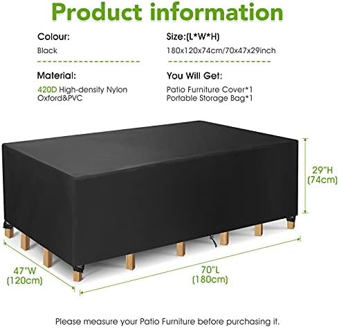 Garden Furniture Covers, Patio Furniture Covers Waterproof, Rectangular/Oval Cover, Windproof and Anti-UV, 420D Table Covers for Sofas and Chairs (180x120x74cm)- Black