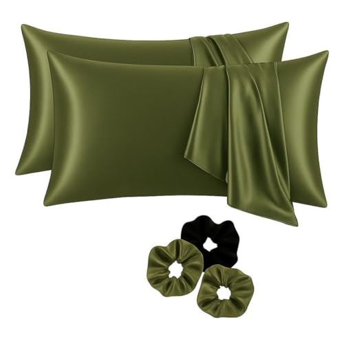 Image of Satin Pillow Covers Set of 2 with 3 Free Random Color Hair Scrunchies - Anti-Frizz, Skin-Friendly, Soft & Durable Pillowcase Set for All Hair Types (Olive)