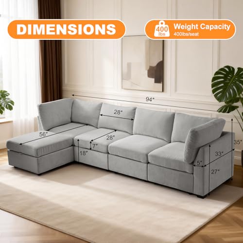 Image of TEKAMON 122 inch L Shaped Modern Sofa Modular Sectional Couch with Ottoman, 5-Seat Chenille Deep Seat Sofa for Living Room, Bedroom and Apartment, Light Grey