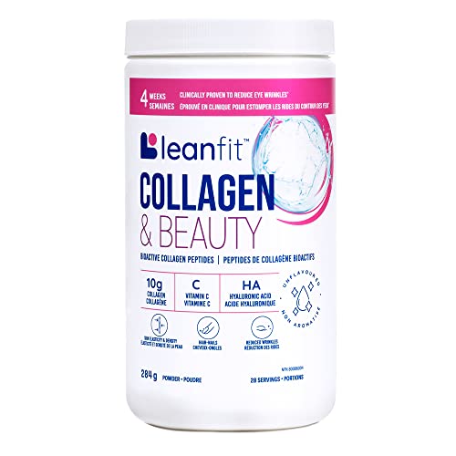 LEANFIT COLLAGEN & BEAUTY Unflavoured – 10g Bioactive Collagen Peptides Powder + Vitamin C + Hyaluronic Acid – Clinically Proven to Reduce Eye Wrinkles in Just 4 Weeks – 28 Servings, 284g Tub