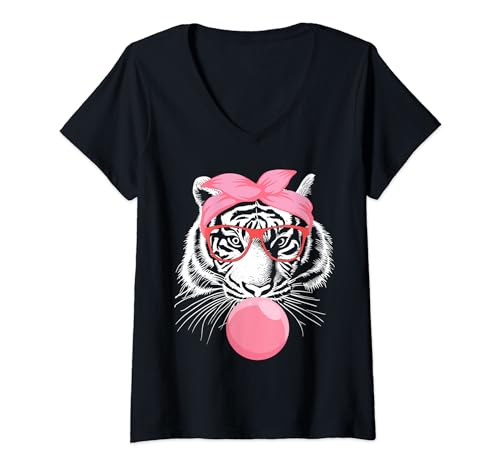 Mujer Funny Tiger Blowing Pink Bubble Gum Design Camiseta Cuello V