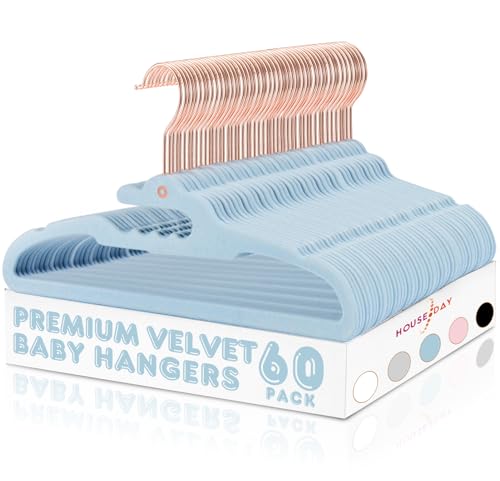 Image of HOUSE DAY Premium Velvet Baby Hangers 60 Pack, 11.4'' Kids Velvet Hangers, Sturdy Baby Hangers for Closet, Blue Baby Clothes Hangers, Toddler Hangers Infant Children Non Slip Hanger for Nursery Use