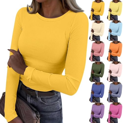 MESSIYO Long Sleeve Shirts for Women Crewneck Fitted Tops Orange - image 1
