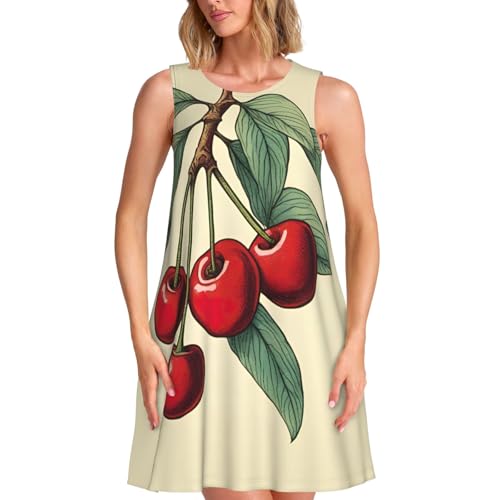 Bonito vestido de verano para mujer, con estampado de cerezas rojas, elegantes vestidos de verano para mujer, Negro -, S