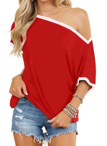 Image of LACOZY Cold Shoulder Tops for Women UK Short Sleeve Casual Loose Batwing Shirts Oversized Blouse Tunic 2026 Red 2XL