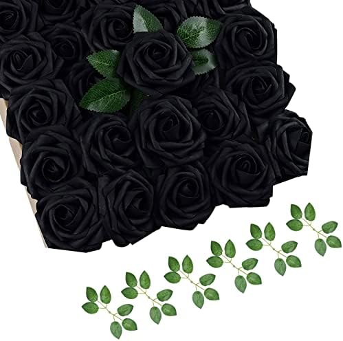 cosybeau Black Roses for Halloween Decor 50 PCS Halloween Flowers DIY for Crafts, Black Flowers Bouquets for DIY Black Roses Artificial Flowers for Party Home Garden Decor
