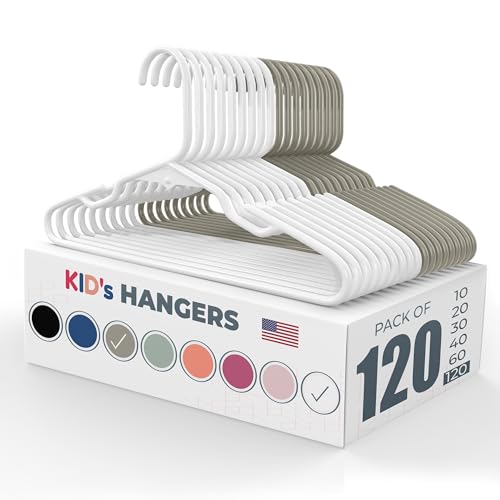 Neaties Plastic 12” Kids Hangers 100+ Pack (120 Count) – Made in the USA – 5lb Capacity Baby & Toddler Clothes Hangers with Notches & Reinforced Edges – Fits Children’s Sizes Up to 8 – White & Gray