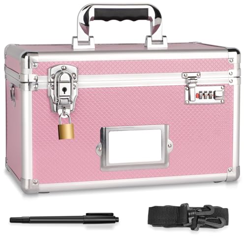 Medication Lock Box, Lockable Storage Box with Dual Locks (Combination & Padlock), Lockbox with Shoulder Strap & ID Label Slot, for Valuables and Medi