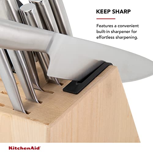 Image of KitchenAid Gourmet 14 piece Forged Stainless Steel Knife Block Set with Built in Knife Sharpener, Japanese Stainless Steel, Sharp Kitchen Knife Set with Block, Birchwood