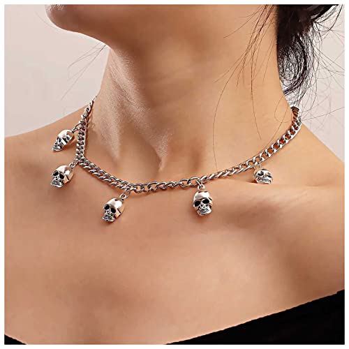 Wendalern Collier Ras Du Cou Punk Tête De Mort Collier Pendentif Squelette Argenté Collier Tête De Mort Chaîne Halloween Noël Bijoux Cadeaux Pour Femmes...