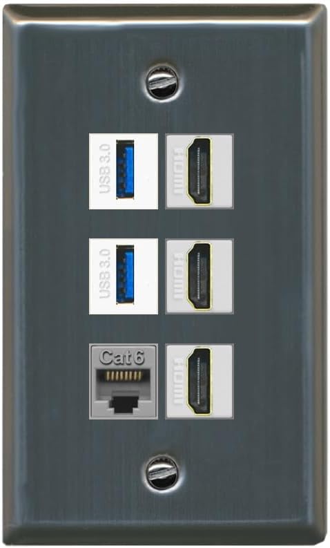 RiteAV 3 Port HDMI 2 Port USB 3.0 1 CAT6-RJ45 Wall Plate - Flat Style [Stainless Steel]