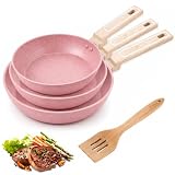 Family Pack 3 Sartenes de Aluminio Antiadherente 24+26+30 cm + Espátula de Bambú (30,5 x 6,5 cm), Revestimiento Duradero, Apta para Todo Tipo de Cocinas, Fácil de Limpiar, Rosa