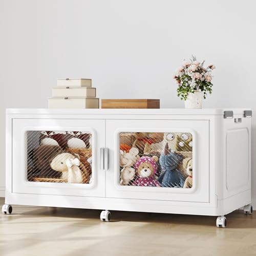 Image of BROVIEW 300qt Extra Large Stackable Storage Bins with Lids White 1 Pack | Widen & Foldable Plastic Storage Boxes with Wheels, Collapsible Organizer Cabinet Drawers for Home Storage & Organization