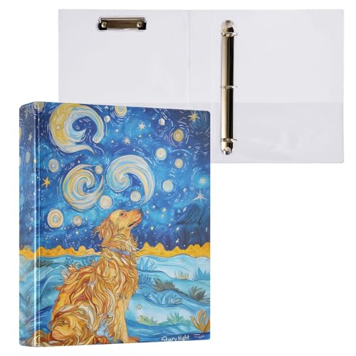 Image of Golden Retriever Starry Night 3 Ring Binder with 2 Interior Pockets 1.5 inch Binders 3 Ring Heavy Duty Fit 8.5 inch x 11 inch Letter Size for Office School, 2 Pack