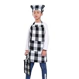 [BIGHAS] キッズ エプロン 3点セット 子供 三角巾 巾着バッグ 無地 男の子 女の子 色落ちしない ホコリが付きにくい (低学年用(120~140cm) M, チェックA,ブラック)