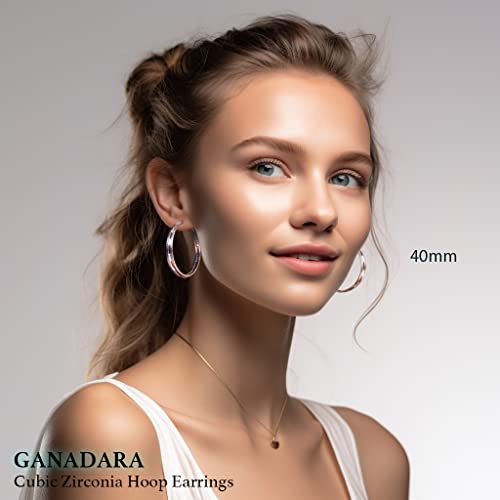 Ganadara Cubic Zirconia Hoop Earrings For Women - 14K Gold Plated 925 Sterling Silver Shiny Wide Round Hoop Earrings (Silver) #TOP2