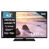 Cecotec Televisor LED 43' Smart TV A2 Series ALU20043ZS. 4K UHD, Android 11, Diseño sin Marco, Peana, MEMC, Dolby Vision y Dolby Atmos, HDR10, 2 Altavoces de 10W, Modelo 2023, Serie A2S | con Peana
