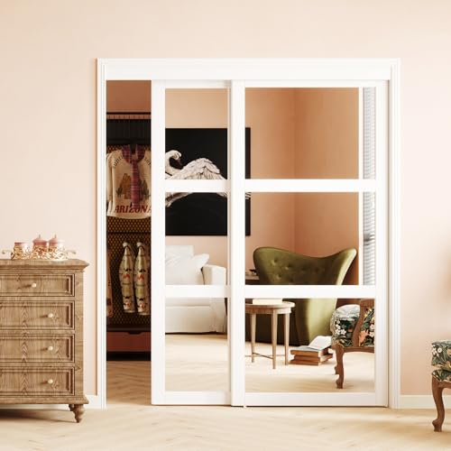 SOLRIG Mirror Closet Doors Sliding Closet Doors for 60in (30.98in x 2) x 80in Openings 3-Lite Mirror Design Includes Hardware Track Kit and Floor Guide Pre-Drilled for Easy Assembly MDF White