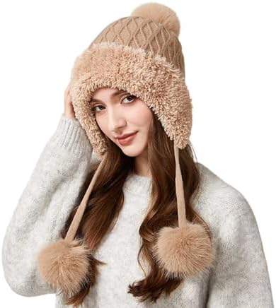 Beanies for Women Girls Winter Knitted Slouchy Beanie Hats with Faux Fur Pom Warm Knit Ski Skull Cap Outdoor Hiking