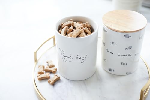 Pearhead Good Dog Treat Jar, Holds 4 Cups, Ceramic and Wood Pet Treat Canister, Neutral Modern Kitchen Decor, Pet Accessories, Dog Biscuit Storage Jar, Freshness Seal