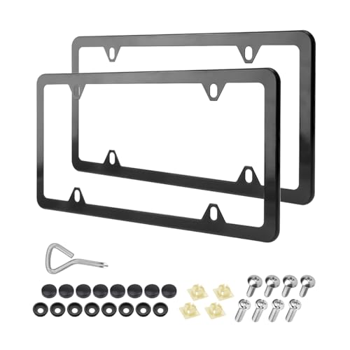Image of Osilly Car License Plate Frames, 2 Pack 4 Holes Stainless Steel Car Tag Holder, Universal US Standard, Slim Design Rust-Proof License Plate Covers with Screw Caps, Automotive Accessories (Black)