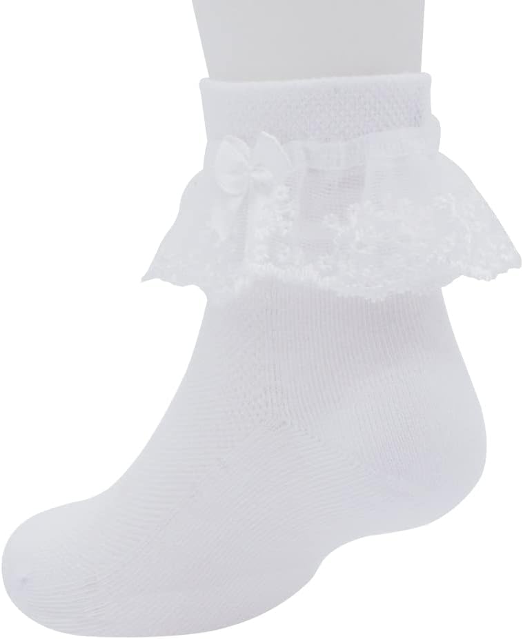 Girls Summer Mesh Thin Ruffle Ankle Socks for School Essential White Lace Frilly Trim Dress Socks with Bows 3-16 Years