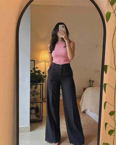 Image of Korean Pants for Woman | High Waist Wide Leg Trouser | Formal Office Casual Wear | Zero See-Through Semi-Stretchable Fabric