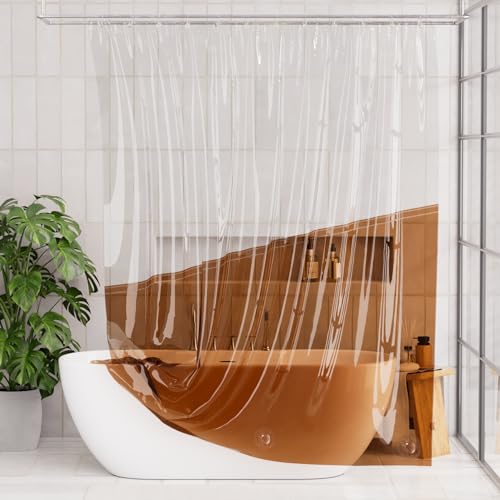 Image of AmazerBath Color Block Shower Curtain Liner, 100% EVA Soft Shower Liner - 72 x 72 Inches Heavy Duty Shower Curtain and Liner 2-in-1 with 3 Clear Stones and 12 Brass Grommets - Clear & Amber