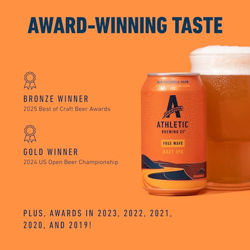 Athletic Brewing Company Craft Non Alcoholic Beer, Low Calorie Hazy IPA, Pair With Salad, Pizza, & Desserts, Vegan Hops Blend With Floral & Citrus Notes, Free Wave, 24 Pack, 12 FL Oz Cans