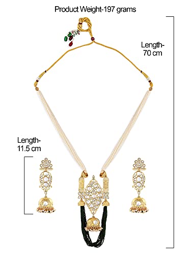 Image of ZAVERI PEARLS Green Multistrand Beaded Long Kundan Necklace Earring Ring Set For Women-ZPFK16019