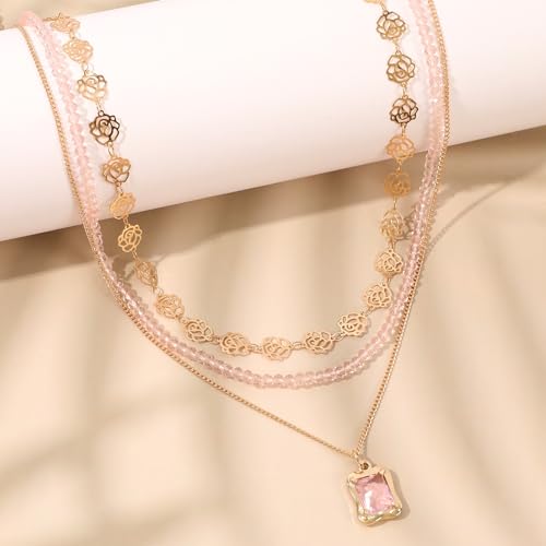 Multilayered Colorful Beaded Necklace for Women with Cute Pendant Bohemian Layered Natural Stone Choker Necklace Charm Stand Statement Necklace Adjustable Boho Party Summer Beach Holiday Jewelry Gift3