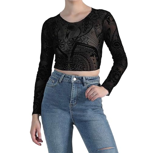 Image of ICW Women Long-Sleeves Round Neck Net Printed Transparent Mesh Sheer Crop Top T-Shirt DN38(Mix Print)