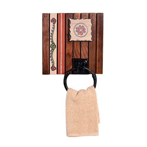 Image of Aakriti Art Creations Floral Art Wooden Towel Holder | Handcrafted Wooden | Matte Finish Natural Brown Wall Mounted Towel Holder for Bath & Wash Area