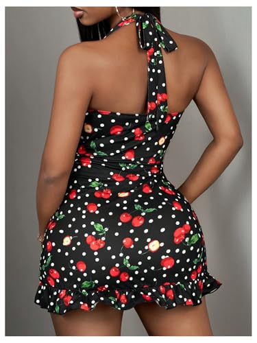Image of MakeMeChic Women's Summer Mini Dress with Cherries Polka Dot Print Backless Mini Dress