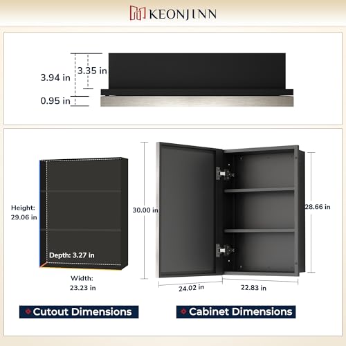 Image of Keonjinn Bathroom Medicine Cabinets with Mirror, 24 inch x 30 inch Brushed Nickel Medicine Cabinet, Recessed or Wall-Mounted, Aluminum Alloy Framed, Farmhouse Bathroom Mirror with Storage Cabinet