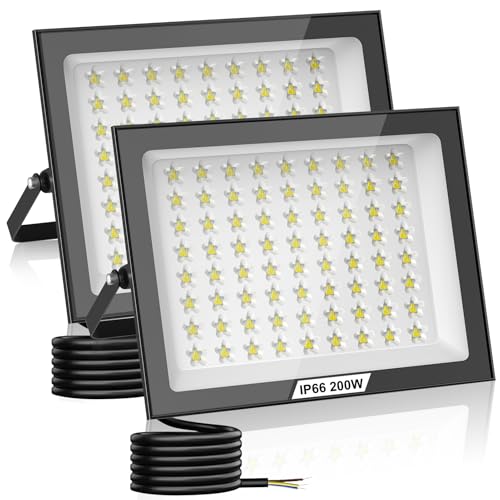 Hondony 2 Stück 200W LED Strahler Außen, 6500K LED Fluter Flutlicht, IP66 Wasserfest Scheinwerfer Aussenstrahler, tageslichtweiße Wasserdicht Außenstrahler für Garten, Innenhöfe, Garage