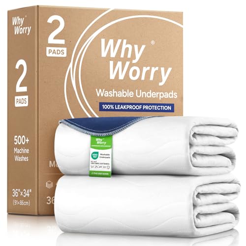 WhyWorry Washable Bed Pads for Adult Incontinence, 86x91cm (Pack of 2) Waterproof Mattress Protector for Bed Wetting, Heavy Absorbent Reusable Underpads for Elderly & Kids, Washable Pee Pads, White